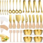 A complete 73-piece Afgaogw gold charcuterie utensil set with various cheese knives, tongs, spoons, forks, and dipping bowls.
