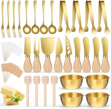 A complete 73-piece Afgaogw gold charcuterie utensil set with various cheese knives, tongs, spoons, forks, and dipping bowls.
