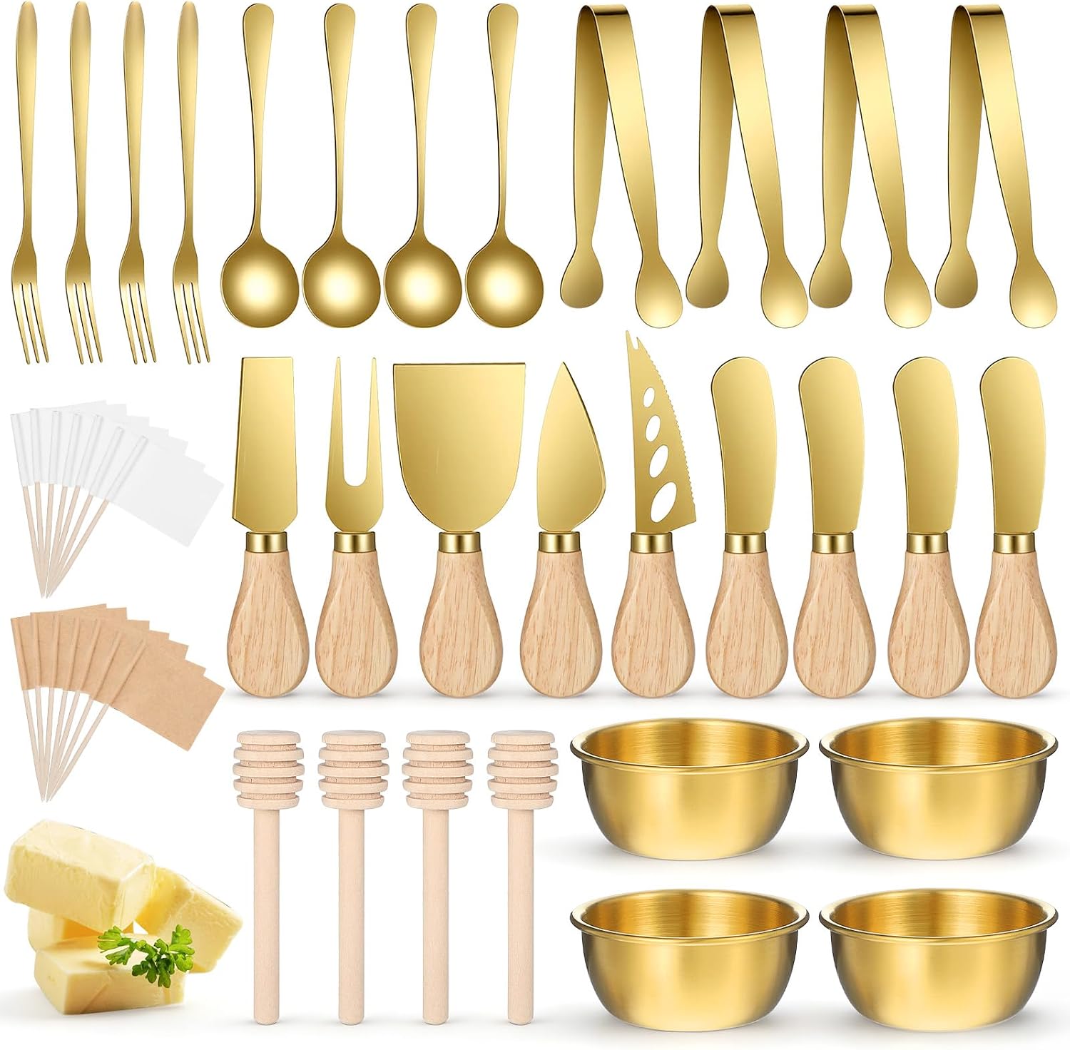 afgaogw-73-piece-gold-charcuterie-utensils-set-for-cheese-boards-01 A complete 73-piece Afgaogw gold charcuterie utensil set with various cheese knives, tongs, spoons, forks, and dipping bowls.