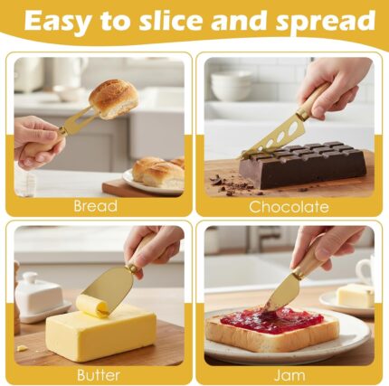 A complete 73-piece Afgaogw gold charcuterie utensil set with various cheese knives, tongs, spoons, forks, and dipping bowls.