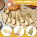 A complete 73-piece Afgaogw gold charcuterie utensil set with various cheese knives, tongs, spoons, forks, and dipping bowls.