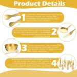 A complete 73-piece Afgaogw gold charcuterie utensil set with various cheese knives, tongs, spoons, forks, and dipping bowls.