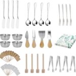 A full 68-piece charcuterie board accessories set, featuring silver cheese knives, mini tongs, spoons, and forks.