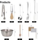 A full 68-piece charcuterie board accessories set, featuring silver cheese knives, mini tongs, spoons, and forks.