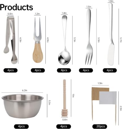 A full 68-piece charcuterie board accessories set, featuring silver cheese knives, mini tongs, spoons, and forks.