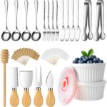 ELIMTEC 40-piece silver charcuterie and party platter set with various knives, dipping bowls, tongs, and honey dipper.