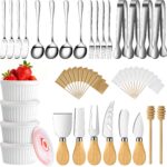 A complete ELIMTEC 46-piece charcuterie board accessories set, including silver knives, bowls, and serving utensils.