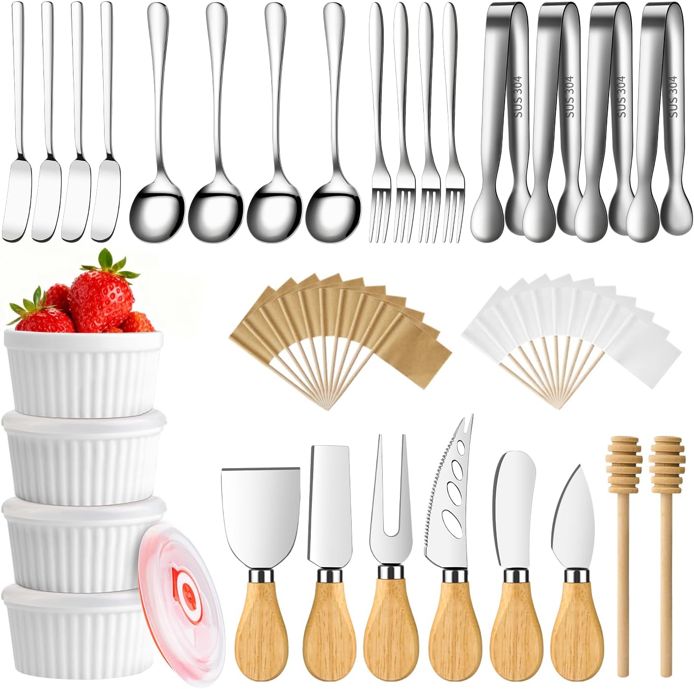 elimtec-46-piece-charcuterie-board-accessories-set-with-cheese-knives-dipping-bowls-01 A complete ELIMTEC 46-piece charcuterie board accessories set, including silver knives, bowls, and serving utensils.