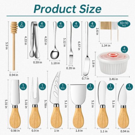 A complete ELIMTEC 46-piece charcuterie board accessories set, including silver knives, bowls, and serving utensils.