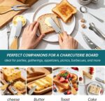 A complete ELIMTEC 46-piece charcuterie board accessories set, including silver knives, bowls, and serving utensils.