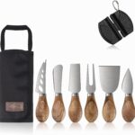 A full set of six Esie Houzie stainless steel cheese knives with acacia wood handles, neatly arranged in their storage bag.