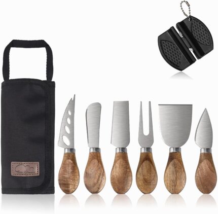 A full set of six Esie Houzie stainless steel cheese knives with acacia wood handles, neatly arranged in their storage bag.
