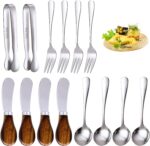 A complete 14-piece set of GUZE-US charcuterie utensils, including cheese spreaders with wood handles, mini spoons, forks, an