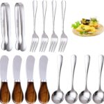 A complete 14-piece set of GUZE-US charcuterie utensils, including cheese spreaders with wood handles, mini spoons, forks, an