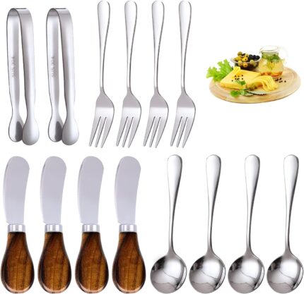 A complete 14-piece set of GUZE-US charcuterie utensils, including cheese spreaders with wood handles, mini spoons, forks, an