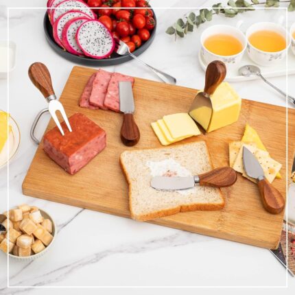 A complete 14-piece set of GUZE-US charcuterie utensils, including cheese spreaders with wood handles, mini spoons, forks, an