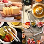 A complete 14-piece set of GUZE-US charcuterie utensils, including cheese spreaders with wood handles, mini spoons, forks, an