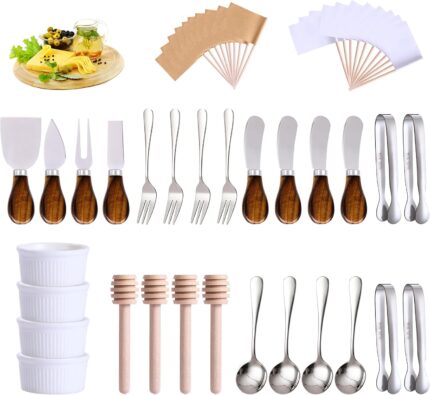 A 29-piece charcuterie board accessory set including various cheese knives, mini serving spoons, forks, tongs, and small bowl