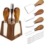 A 9-piece Hilislog cheese knife set with acacia wood handles and a magnetic acacia wood holder, displayed on a counter.