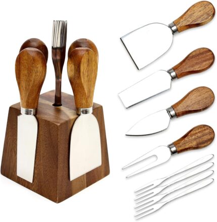 A 9-piece Hilislog cheese knife set with acacia wood handles and a magnetic acacia wood holder, displayed on a counter.
