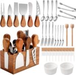 Hushee 44-piece cheese knife set with magnetic acacia wood holder, showing various knives, spreaders, forks, spoons, tongs, a