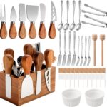 Hushee 44-piece cheese knife set with magnetic acacia wood holder, showing various knives, spreaders, forks, spoons, tongs, a