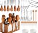 Hushee 44-piece cheese knife set with magnetic acacia wood holder, showing various knives, spreaders, forks, spoons, tongs, a