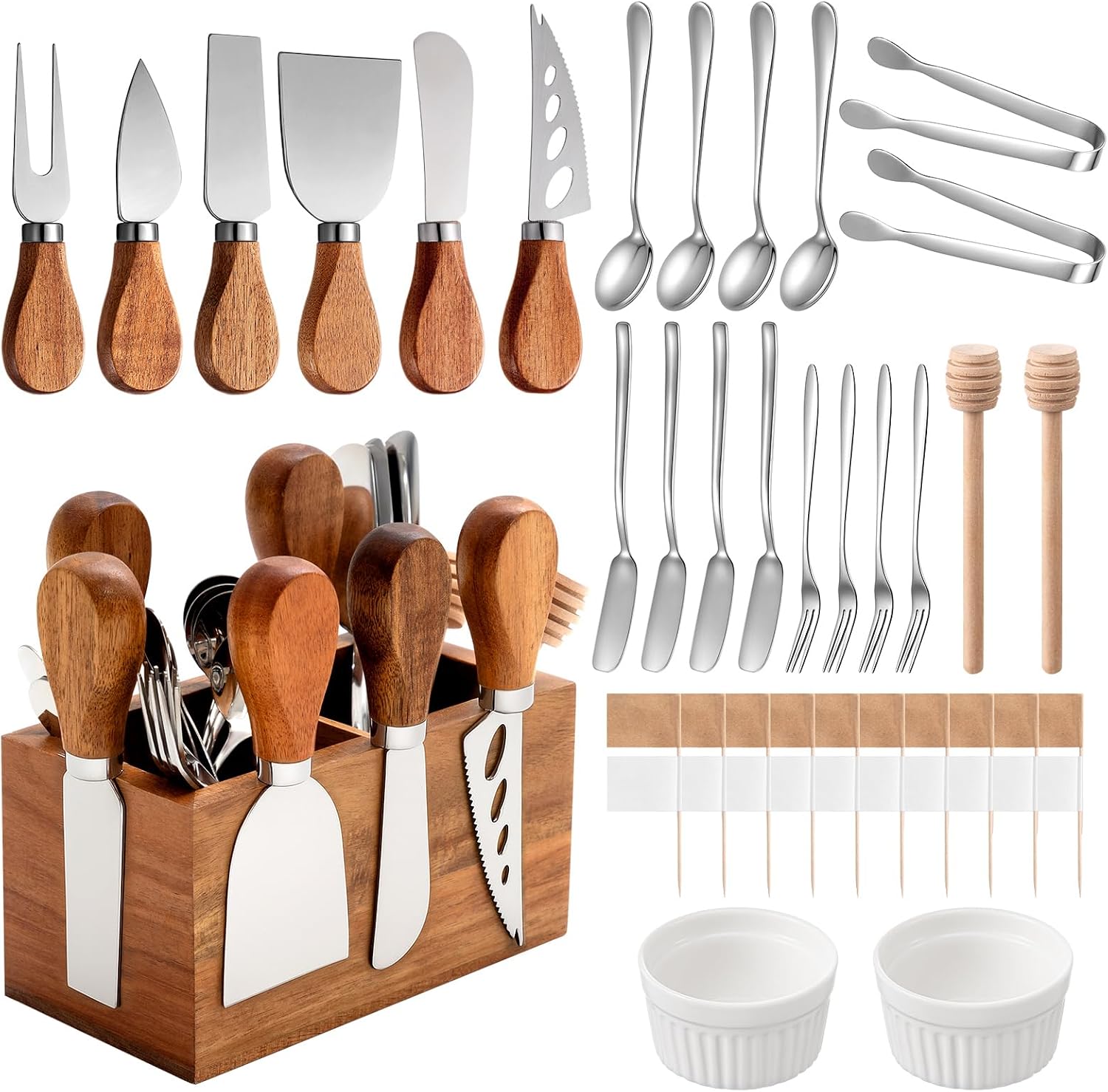 Hushee 44-piece cheese knife set with magnetic acacia wood holder, showing various knives, spreaders, forks, spoons, tongs, a