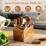 Hushee 44-piece cheese knife set with magnetic acacia wood holder, showing various knives, spreaders, forks, spoons, tongs, a