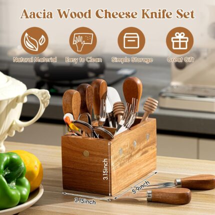 Hushee 44-piece cheese knife set with magnetic acacia wood holder, showing various knives, spreaders, forks, spoons, tongs, a