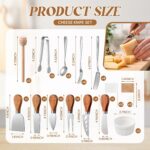 Hushee 44-piece cheese knife set with magnetic acacia wood holder, showing various knives, spreaders, forks, spoons, tongs, a