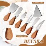 Hushee 44-piece cheese knife set with magnetic acacia wood holder, showing various knives, spreaders, forks, spoons, tongs, a