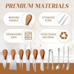 Hushee 44-piece cheese knife set with magnetic acacia wood holder, showing various knives, spreaders, forks, spoons, tongs, a