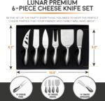 A complete 6-piece ICOSA Living Lunar stainless steel cheese knife set arranged on a wooden board with various cheeses.