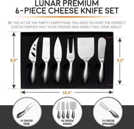 A complete 6-piece ICOSA Living Lunar stainless steel cheese knife set arranged on a wooden board with various cheeses.