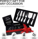 A complete 6-piece ICOSA Living Lunar stainless steel cheese knife set arranged on a wooden board with various cheeses.