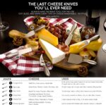 A complete 6-piece ICOSA Living Lunar stainless steel cheese knife set arranged on a wooden board with various cheeses.