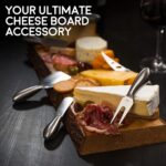 A complete 6-piece ICOSA Living Lunar stainless steel cheese knife set arranged on a wooden board with various cheeses.