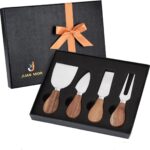 A 4-piece JLIAN MIOR stainless steel cheese knife set with acacia wood handles, displayed in an open gift box.