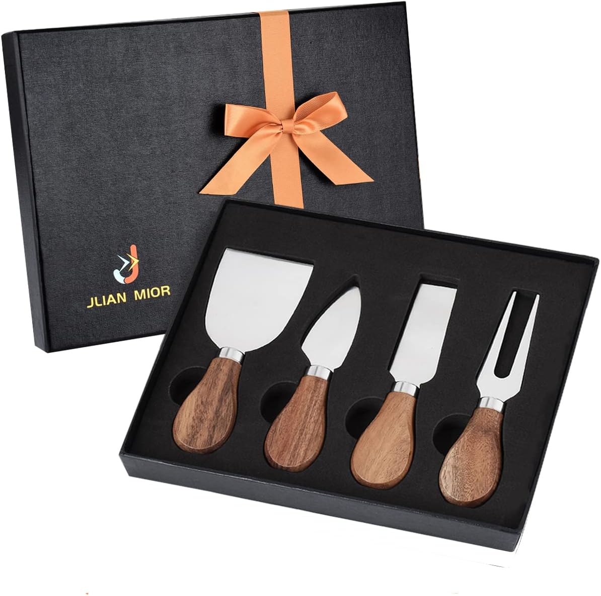 jlian-mior-4-piece-stainless-steel-cheese-knife-set-with-acacia-wood-handle-01 A 4-piece JLIAN MIOR stainless steel cheese knife set with acacia wood handles, displayed in an open gift box.