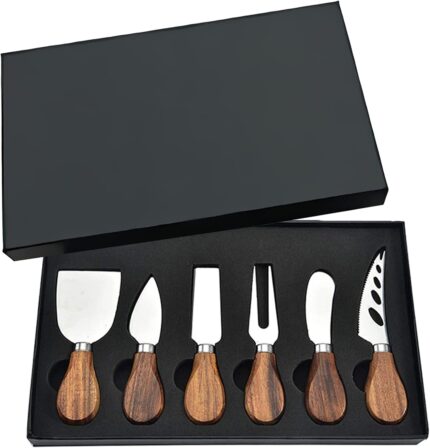 A complete 6-piece KT-GARY stainless steel cheese knife set, featuring various blades for different cheese types.