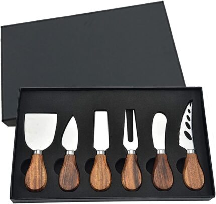 A 6-piece KT-GARY cheese knife set with various stainless steel blades and light-colored bamboo wood handles, arranged neatly