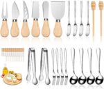 A complete 23-piece LifeMusican charcuterie board accessory set with wooden handles, including various cheese knives, spreade
