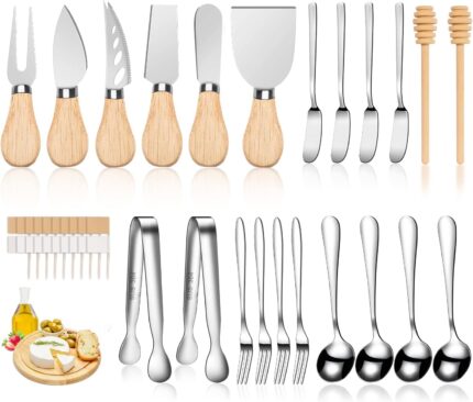 A complete 23-piece LifeMusican charcuterie board accessory set with wooden handles, including various cheese knives, spreade