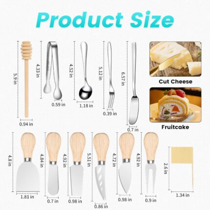 A complete 23-piece LifeMusican charcuterie board accessory set with wooden handles, including various cheese knives, spreade