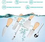 A complete 23-piece LifeMusican charcuterie board accessory set with wooden handles, including various cheese knives, spreade