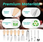 A complete 23-piece LifeMusican charcuterie board accessory set with wooden handles, including various cheese knives, spreade