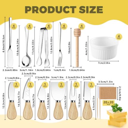 A complete Mlurcu 70-piece charcuterie utensil set with cheese knives, spreaders, tongs, forks, spoons, dipping bowls, honey