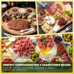 A complete Mlurcu 70-piece charcuterie utensil set with cheese knives, spreaders, tongs, forks, spoons, dipping bowls, honey