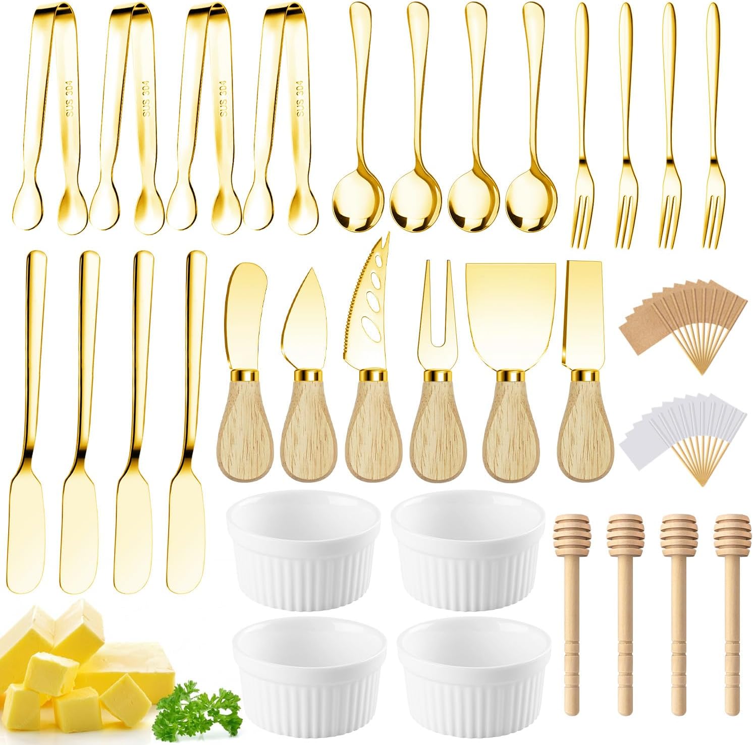 mlurcu-gold-charcuterie-utensil-set-6-cheese-knives-tongs-spoons-bowls-01 A full Mlurcu gold charcuterie utensil set, featuring various cheese knives, mini tongs, spoons, forks, and ceramic dipping b